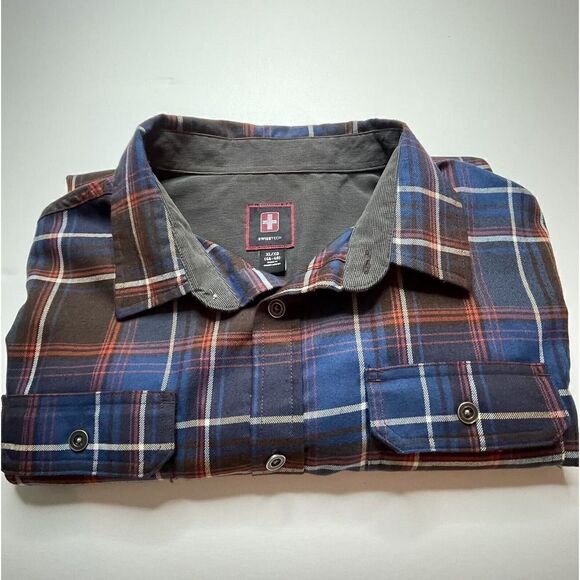 Swiss Tech Mens XXL 2XL 46-48 Long Sleeve Shirt Plaid Blue 2 Pockets Button Up - Picture 1 of 12